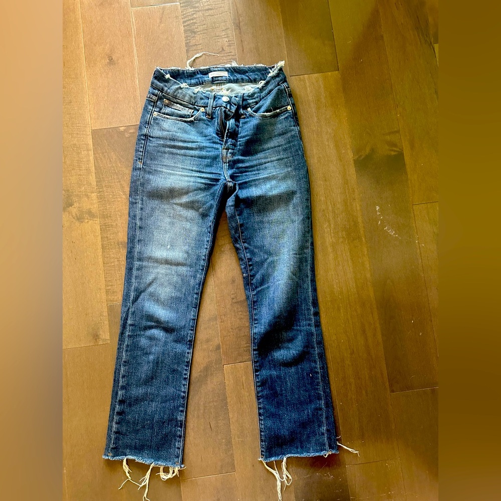 Good American Blue Straight Leg Jeans with Distressed Hem and Waistband